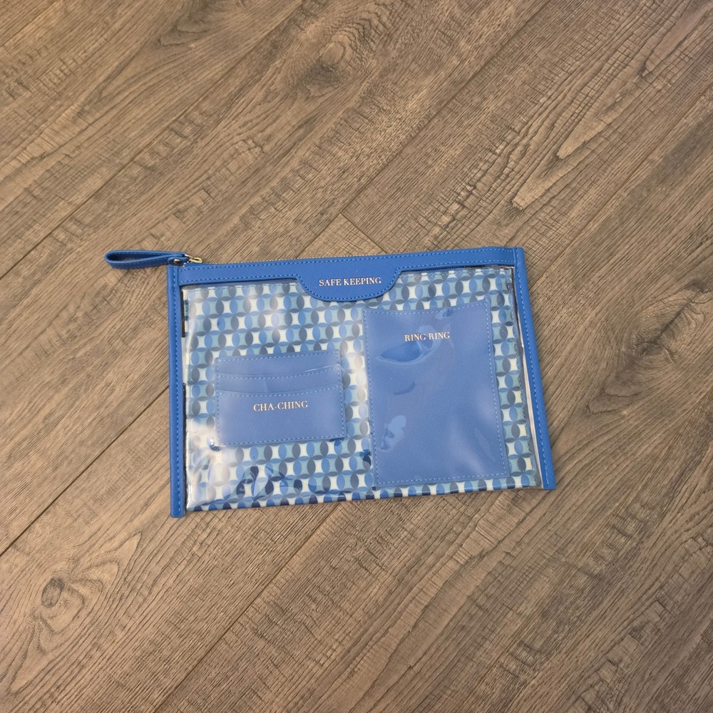 Safe Keeping Blue Leather Clear PVC Zipper Pouch Travel Clutch - Picture 3 of 7